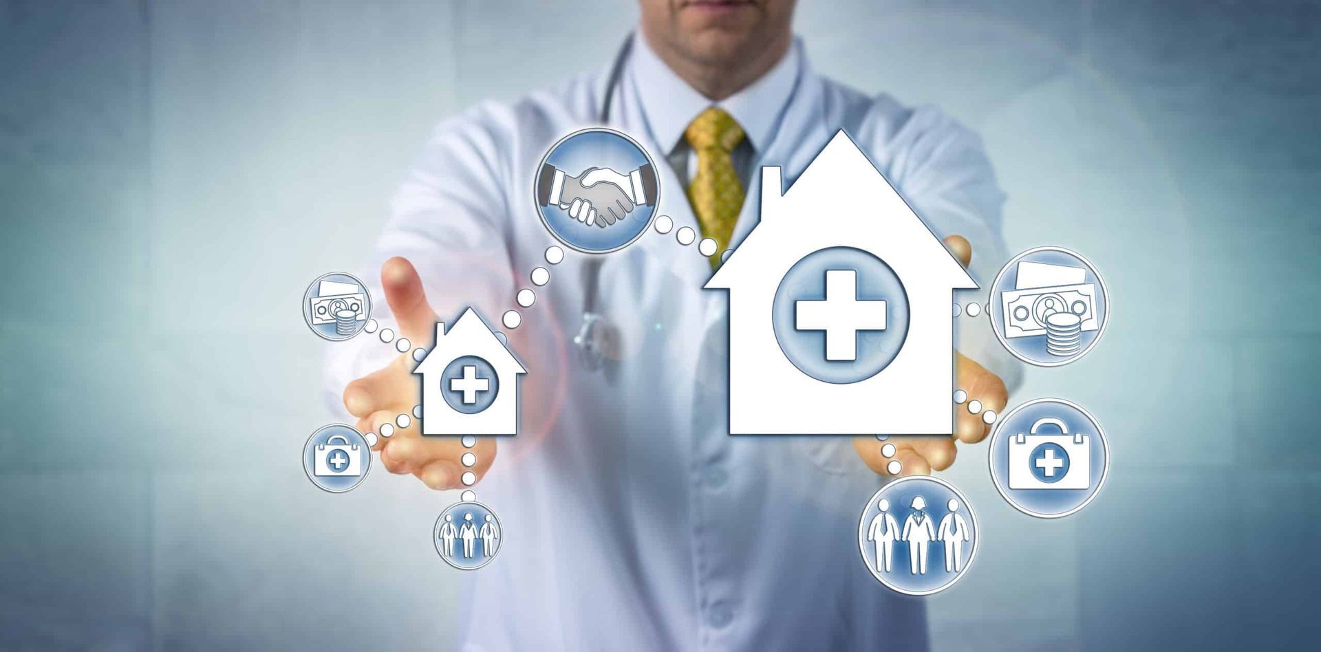 Doctor holding healthcare icons: house with plus sign, handshake, medical bag, family.