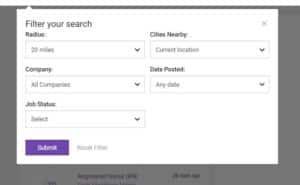 Job search filters: radius, cities nearby, company, date posted, and job status with a submit button.