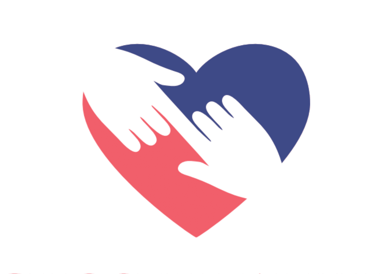 Hands reaching toward each other inside a heart, red and blue.