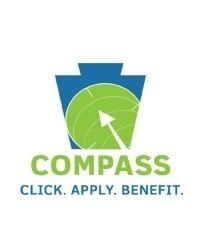 Compass logo with a green compass and Pennsylvania keystone shape. Text: Click. Apply. Benefit.