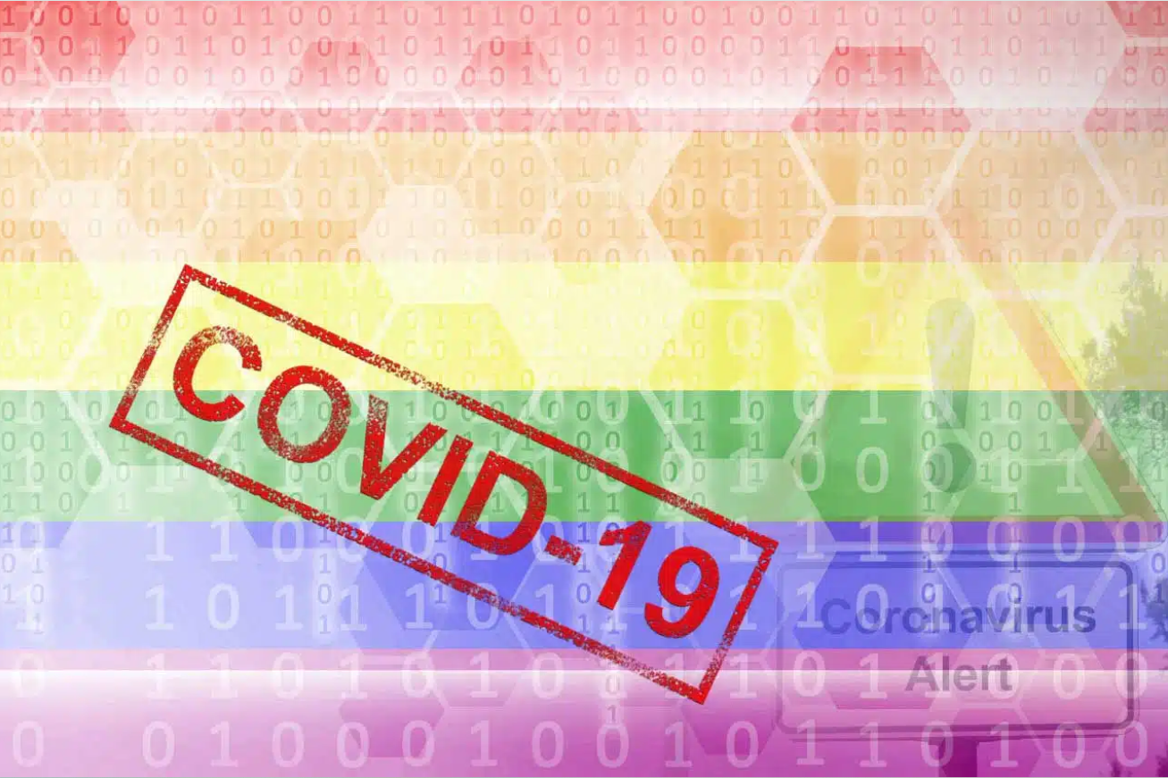 Rainbow flag overlayed with digital pattern and a 