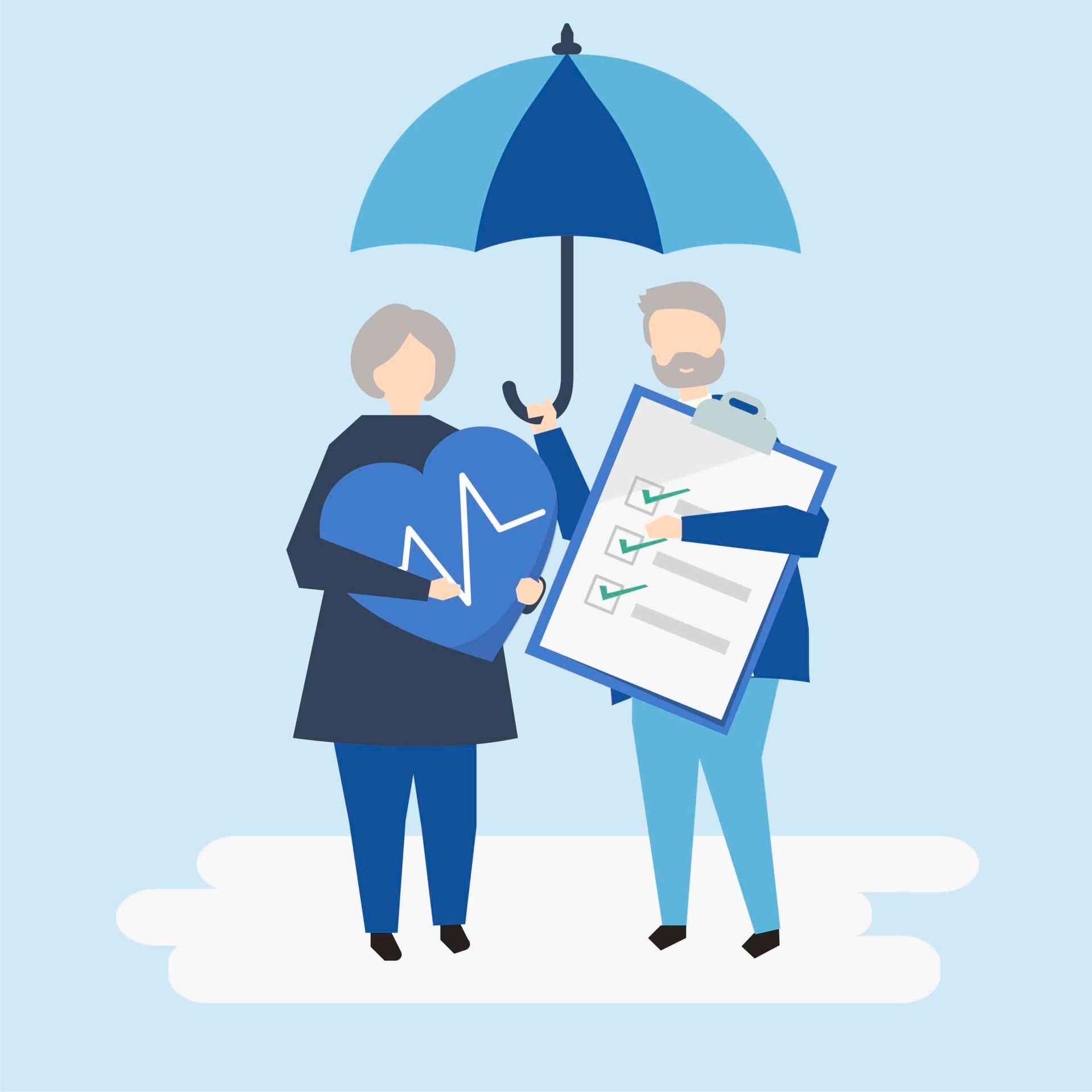 Elderly couple under an umbrella, holding a heart and checklist, symbolizing health insurance.