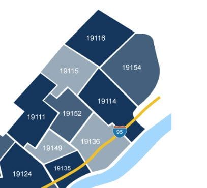 Map of Philadelphia neighborhoods, color-coded by zip code, with major highway I-95 and a river.