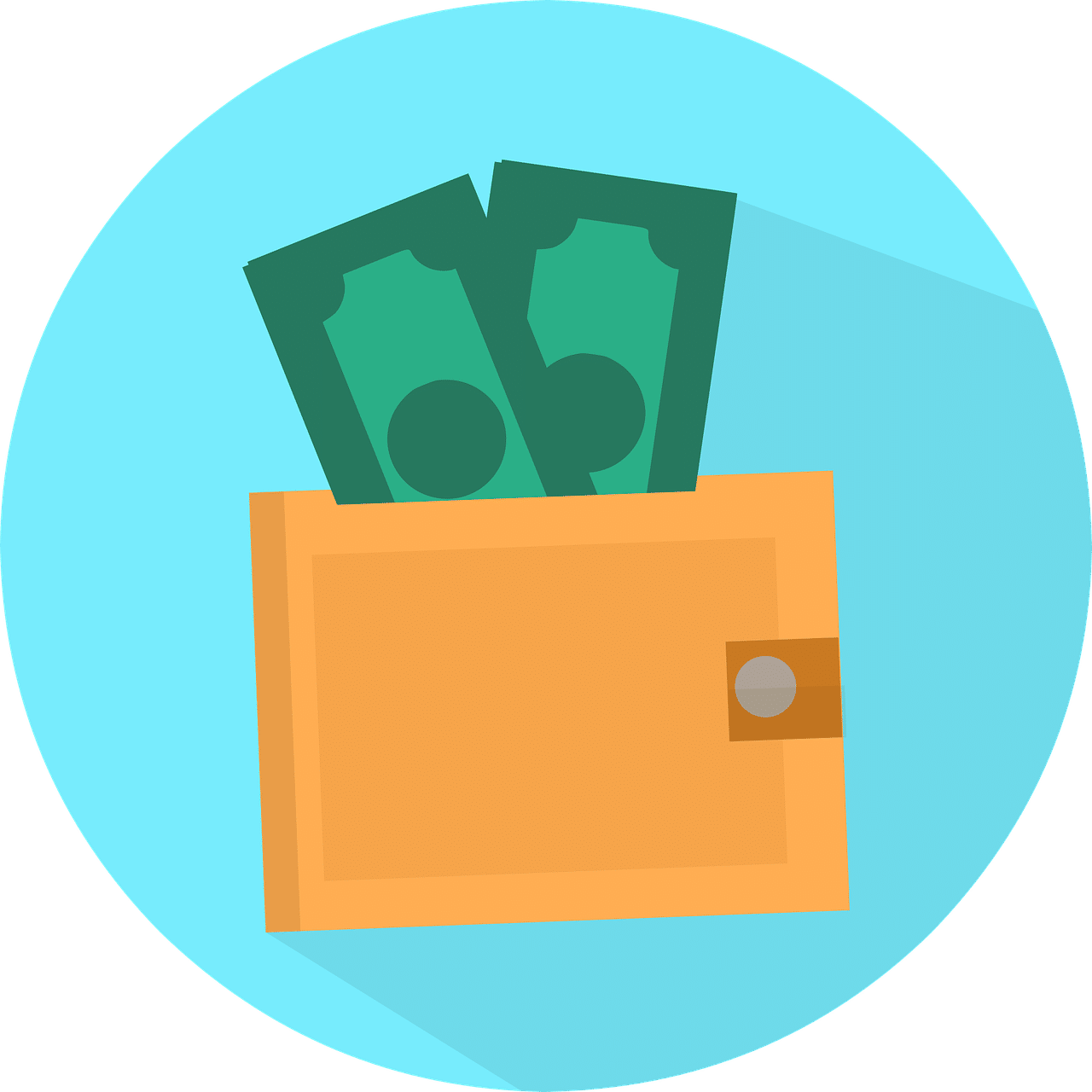 Orange wallet with two green dollar bills, on a blue background.