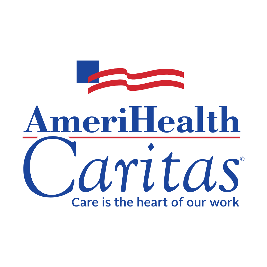AmeriHealth Caritas logo with blue and red text, flag icon, and tagline “Care is the heart of our work”