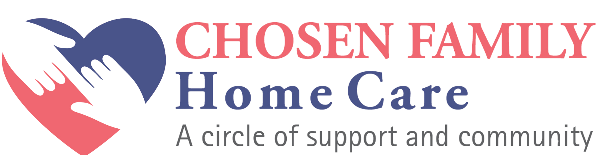 Chosen Family Home Care logo with heart and hand icon, blue and red text, and tagline “A circle of support and community”
