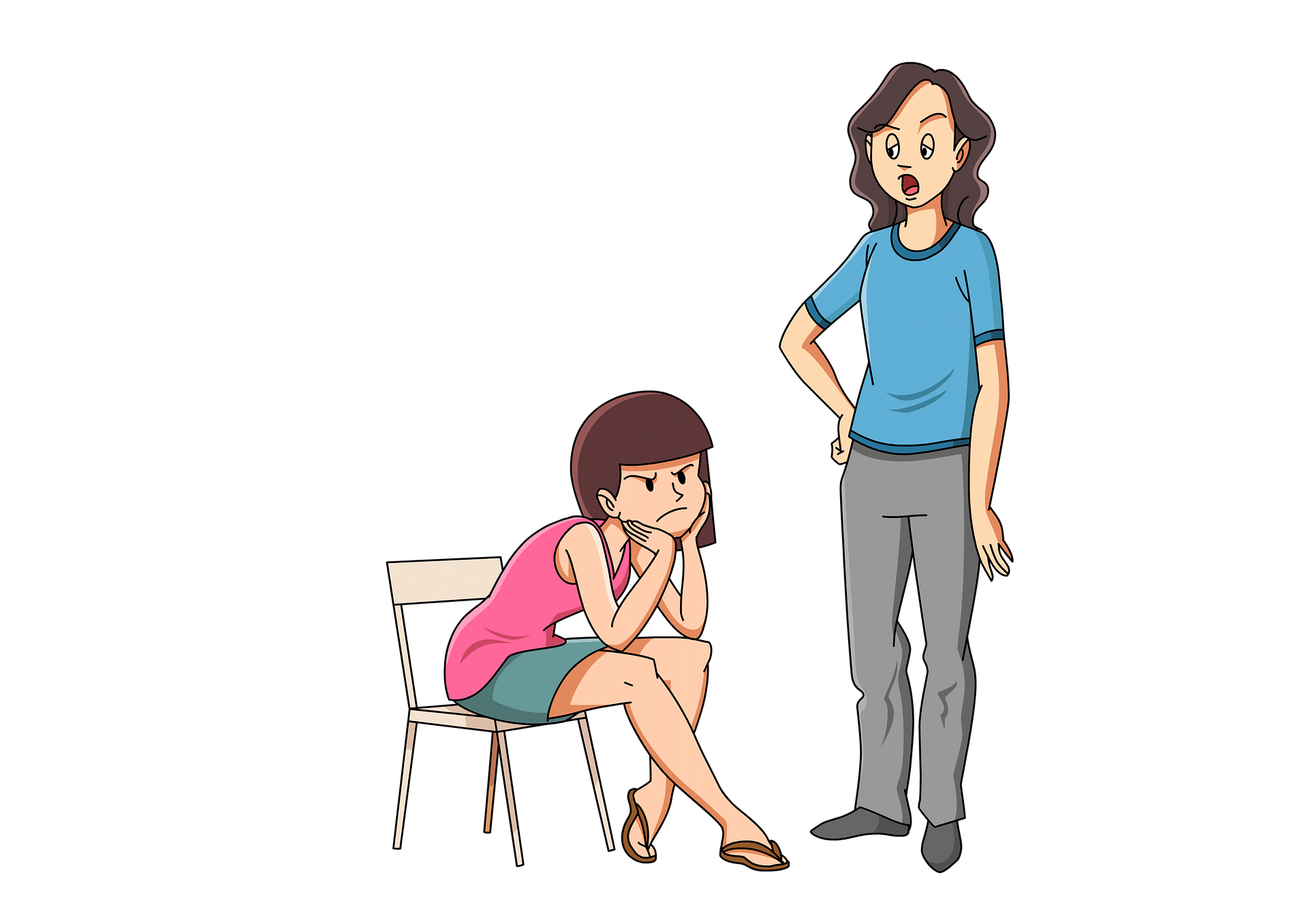 A mother scolds her daughter, who sits with a sullen expression.