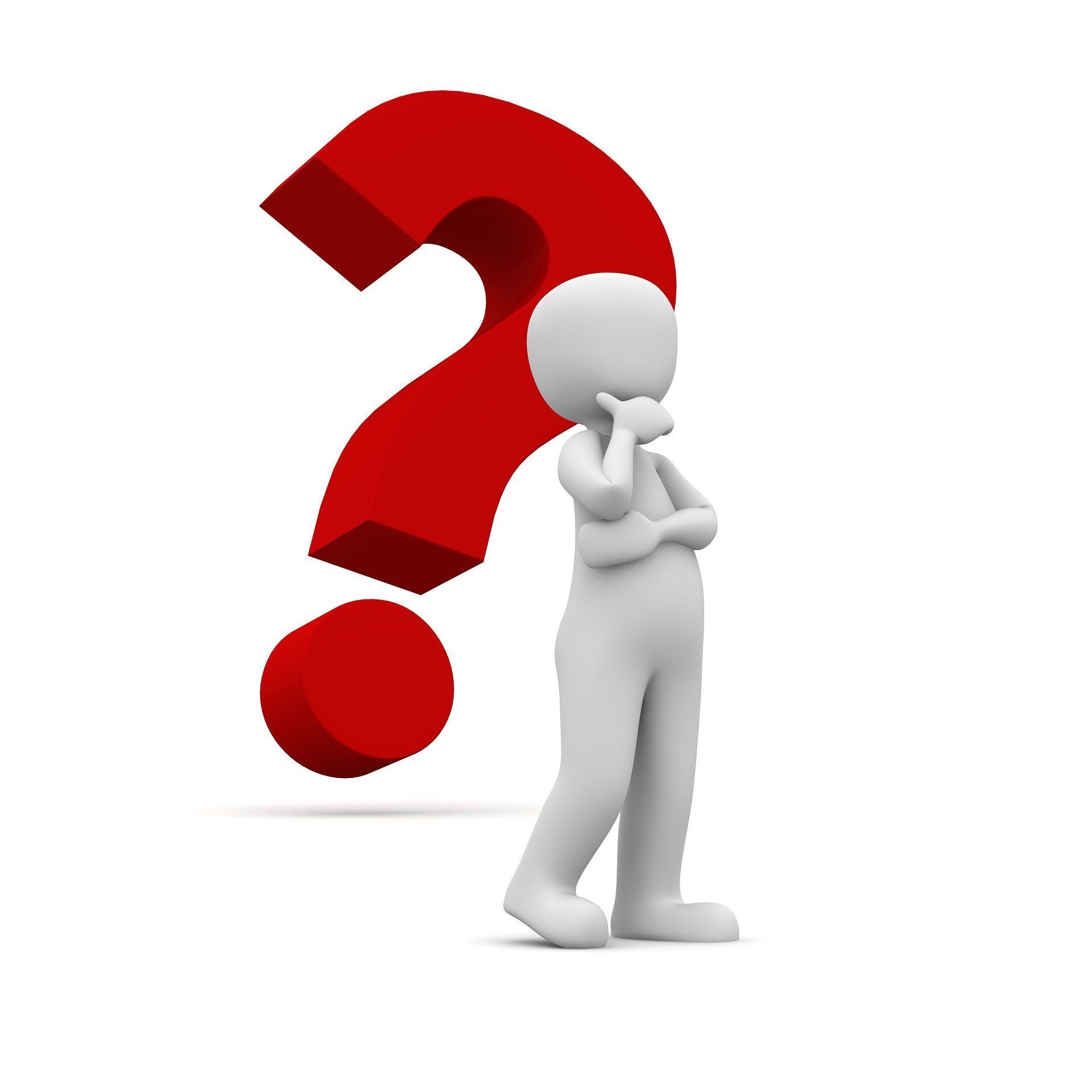 White figure pondering a red question mark.