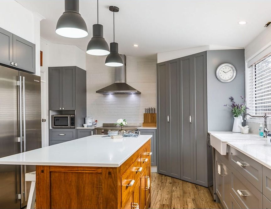 Modern Kitchen with Gray Cabinets, White Island, Stainless Appliances — Rivbuild In Uranquinty, NSW