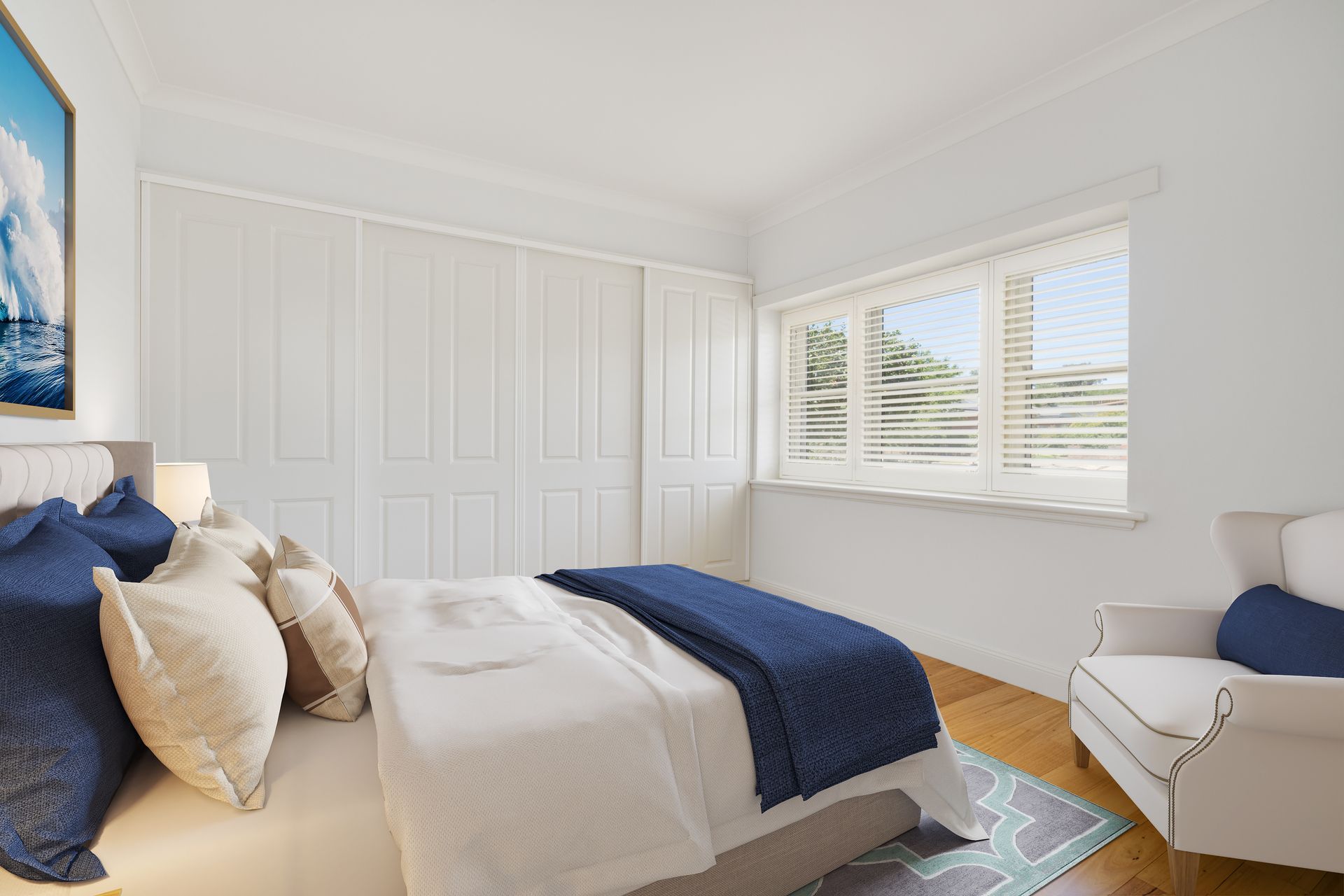 Bright Bedroom with A Bed, Blue Accents, White Walls — Rivbuild In Uranquinty, NSW