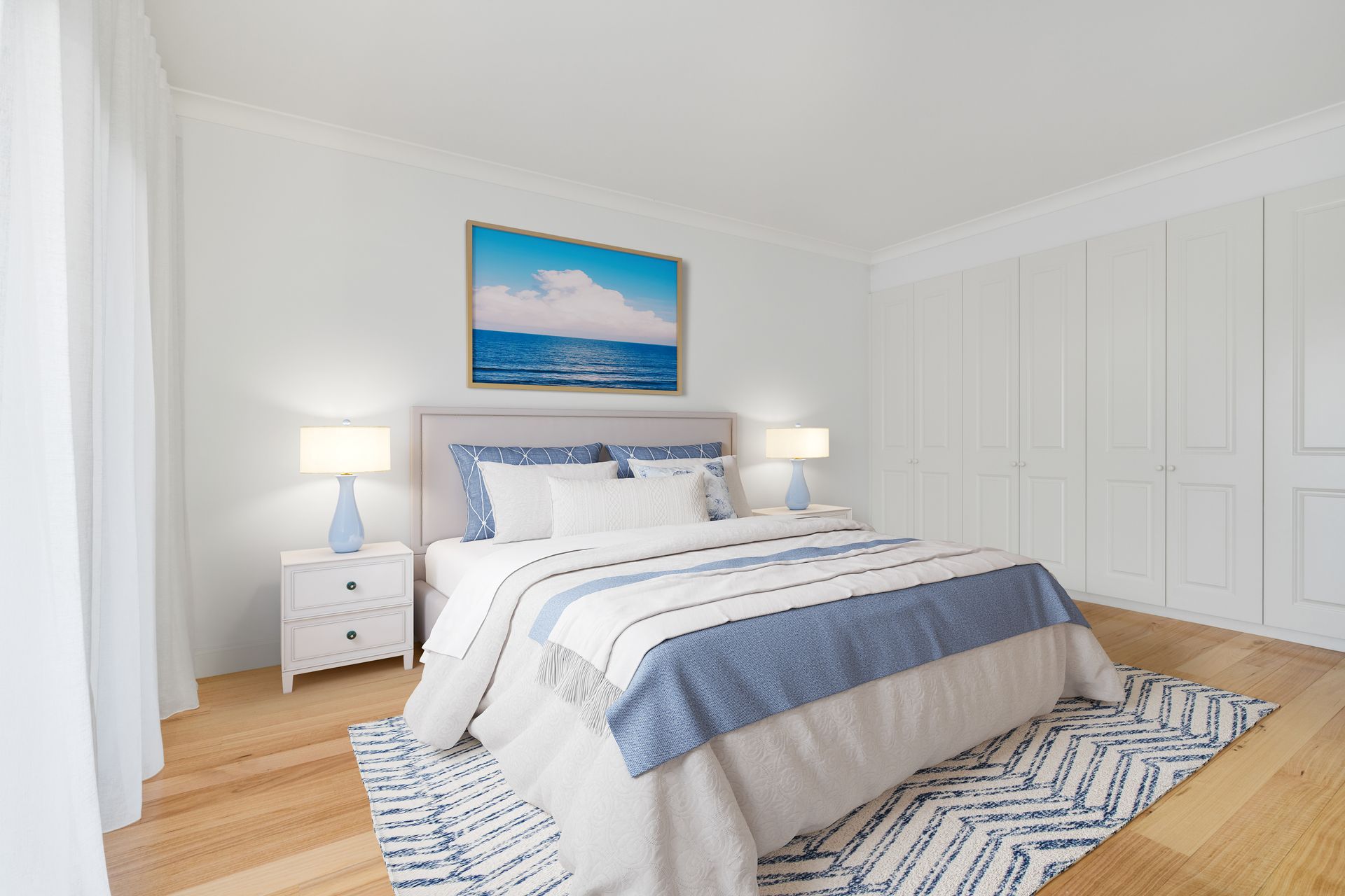 Bright Bedroom with A Blue-And-White Bed, Nightstands — Rivbuild In Uranquinty, NSW