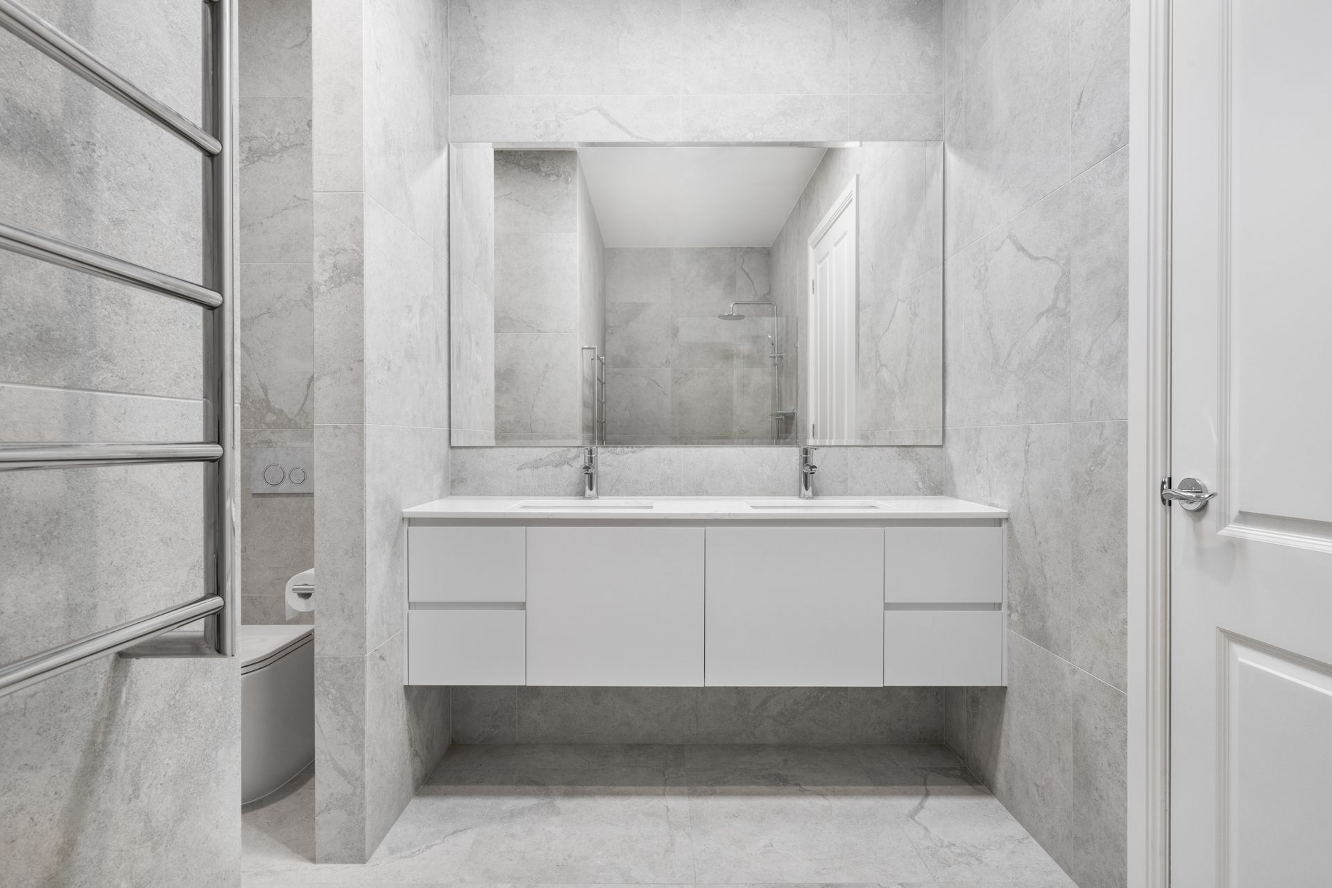 Modern White Bathroom with Vanity, Mirror Cabinets, Shower — Rivbuild In Uranquinty, NSW