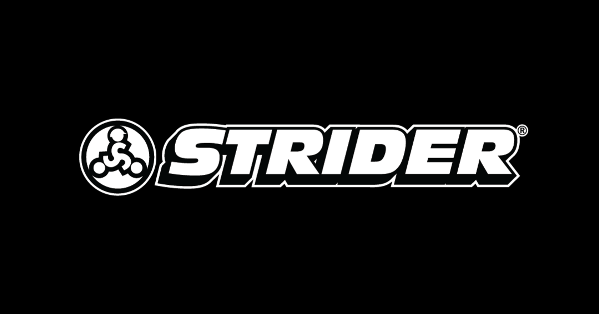 White STRIDER logo on a black background with a circular icon on the left