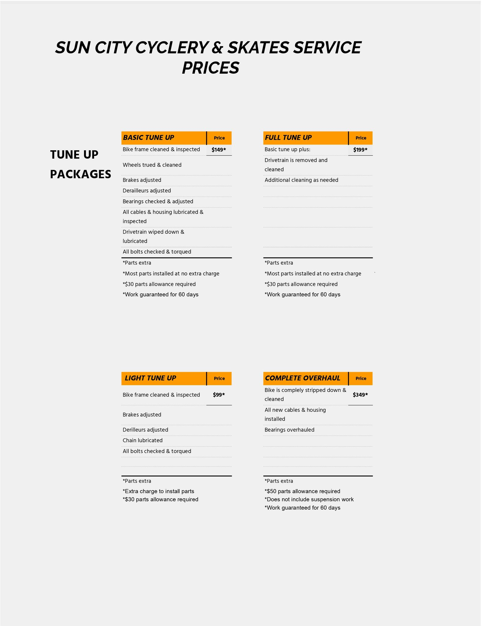 Pricing sheet for Sun City Cyclery & Skates Service, with four package options and orange headers