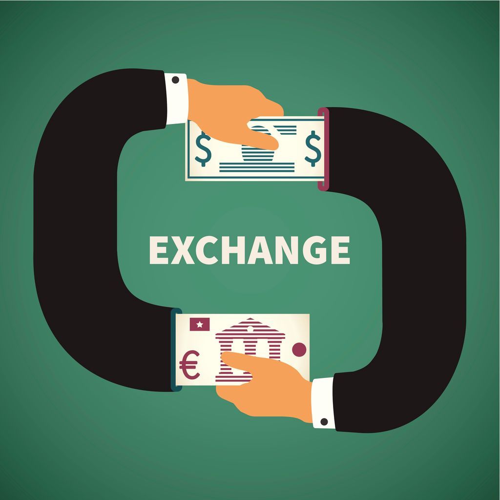 Hands exchanging currency: dollar for euro, word