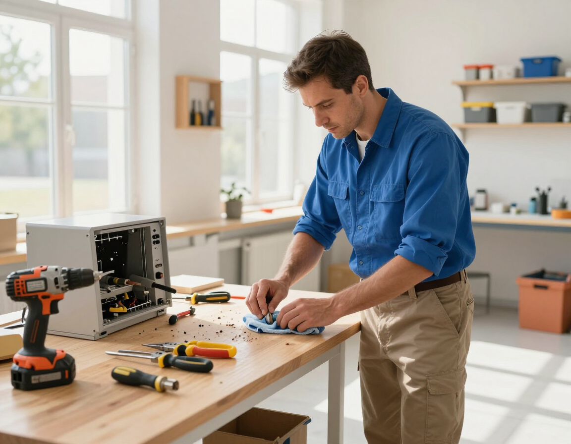 Man in blue shirt repairing electronics at a workbench with tools in a bright workshop