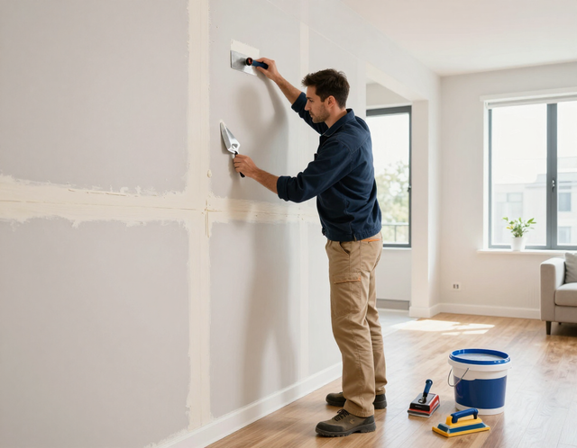 Person painting a wall indoors with a roller, with paint tools on the floor.
