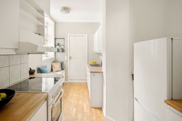 Narrow white kitchen with wood floor, counter, sink, stove, and refrigerator along a bright hallway