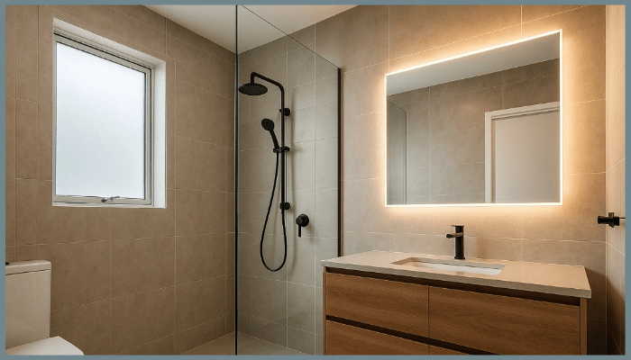 Modern Canberra bathroom with frameless glass shower and timber vanity.