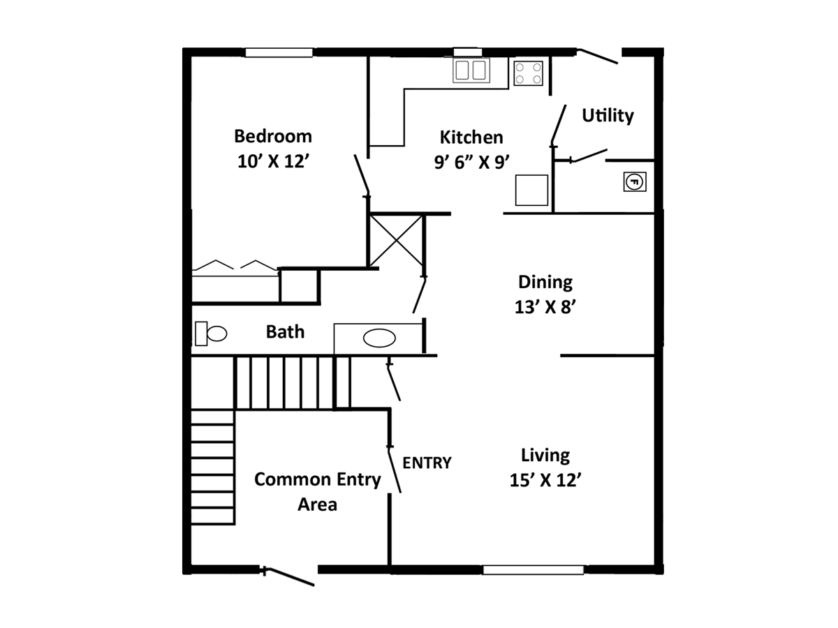 Floor plan of a home with bedroom, kitchen, dining, living, utility, and common entry areas.