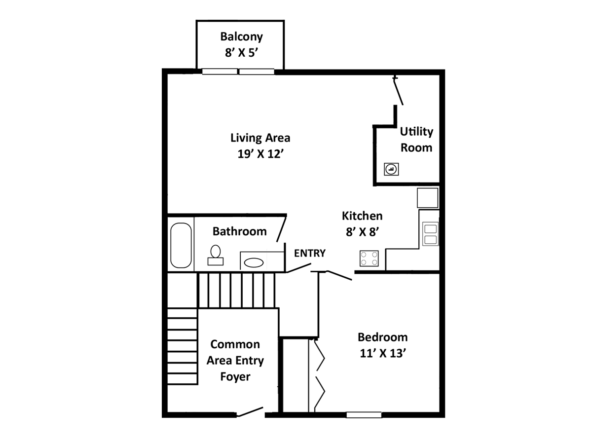 Floor plan of a one-bedroom apartment with a balcony, living area, kitchen, utility room, and bathroom.