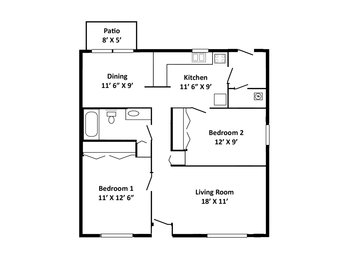 Floor plan of a home: dining, kitchen, 2 bedrooms, living room, patio.