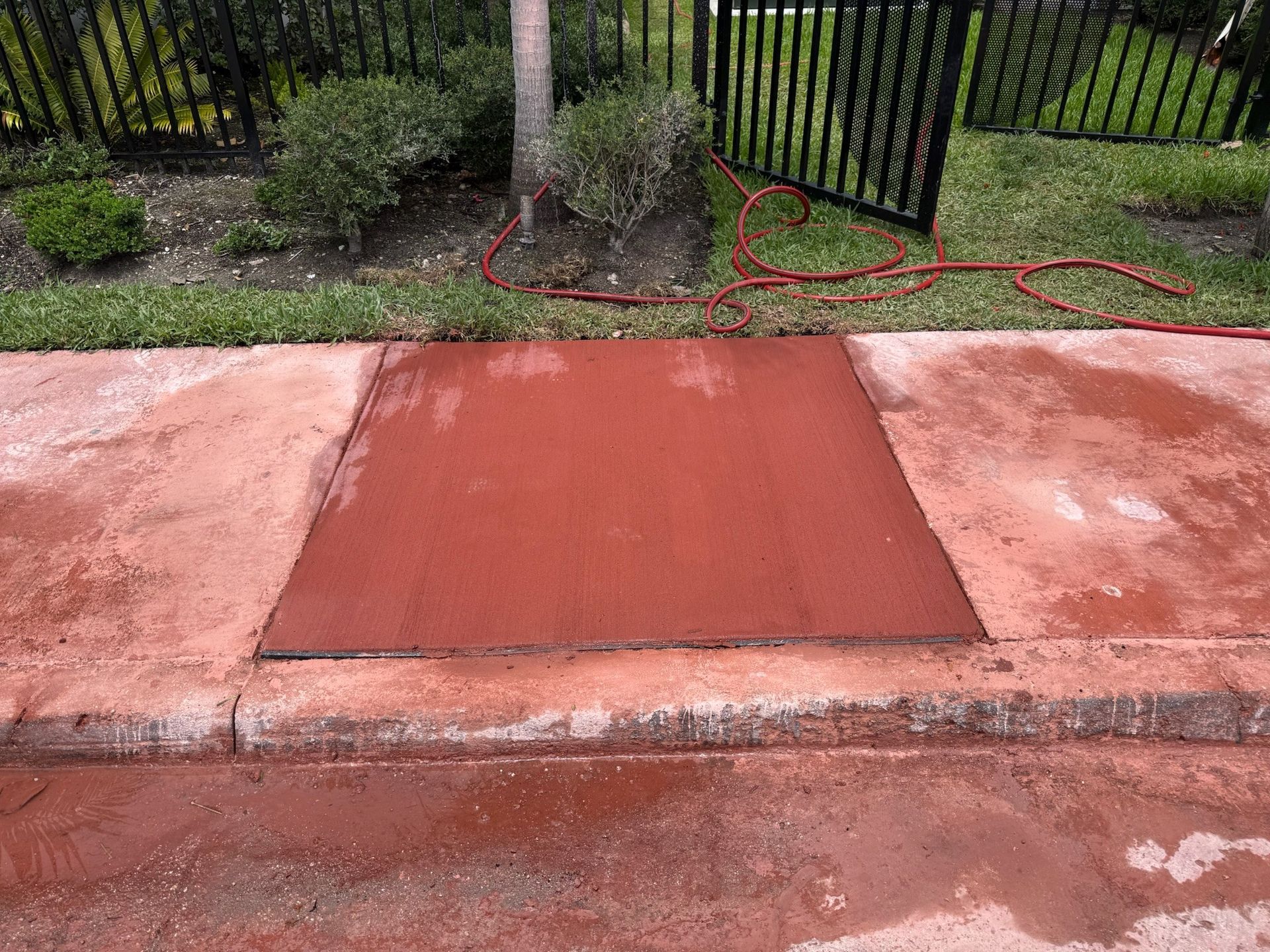 Red wheelchair ramp leading to a sidewalk beside a tree and black fence in a garden area