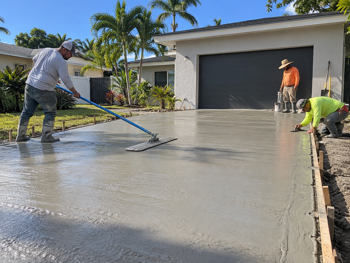 Crew finishing a new concrete driveway on a clear morning in Miami, Florida
