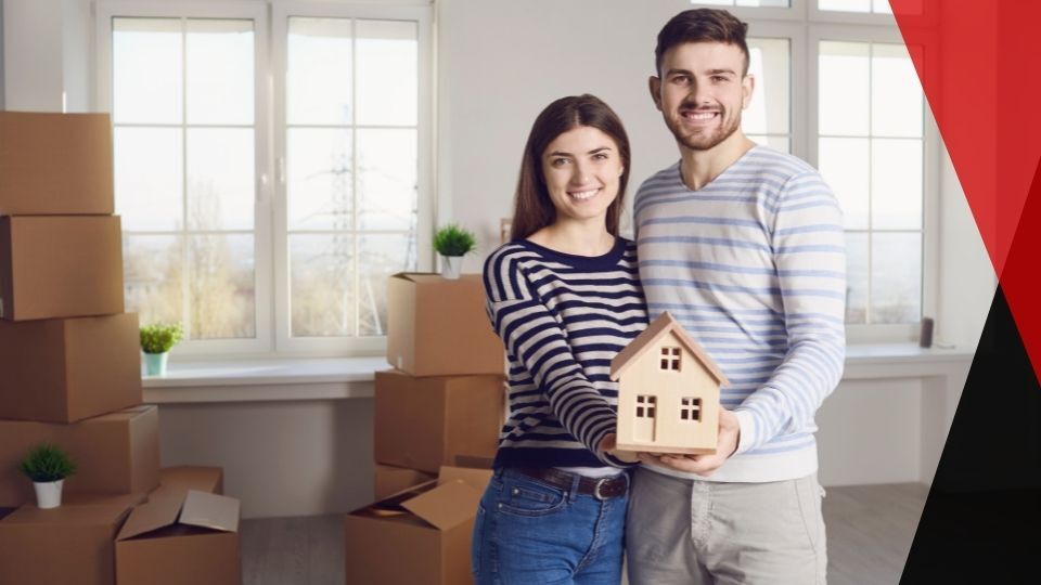 Young couple just moving into new home. smart lock security system