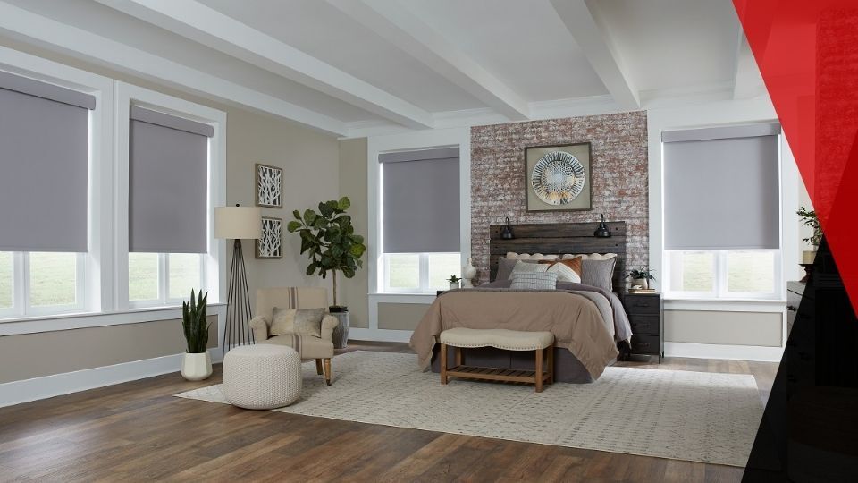 Motorized shades in large bedroom setting. motorized shade system