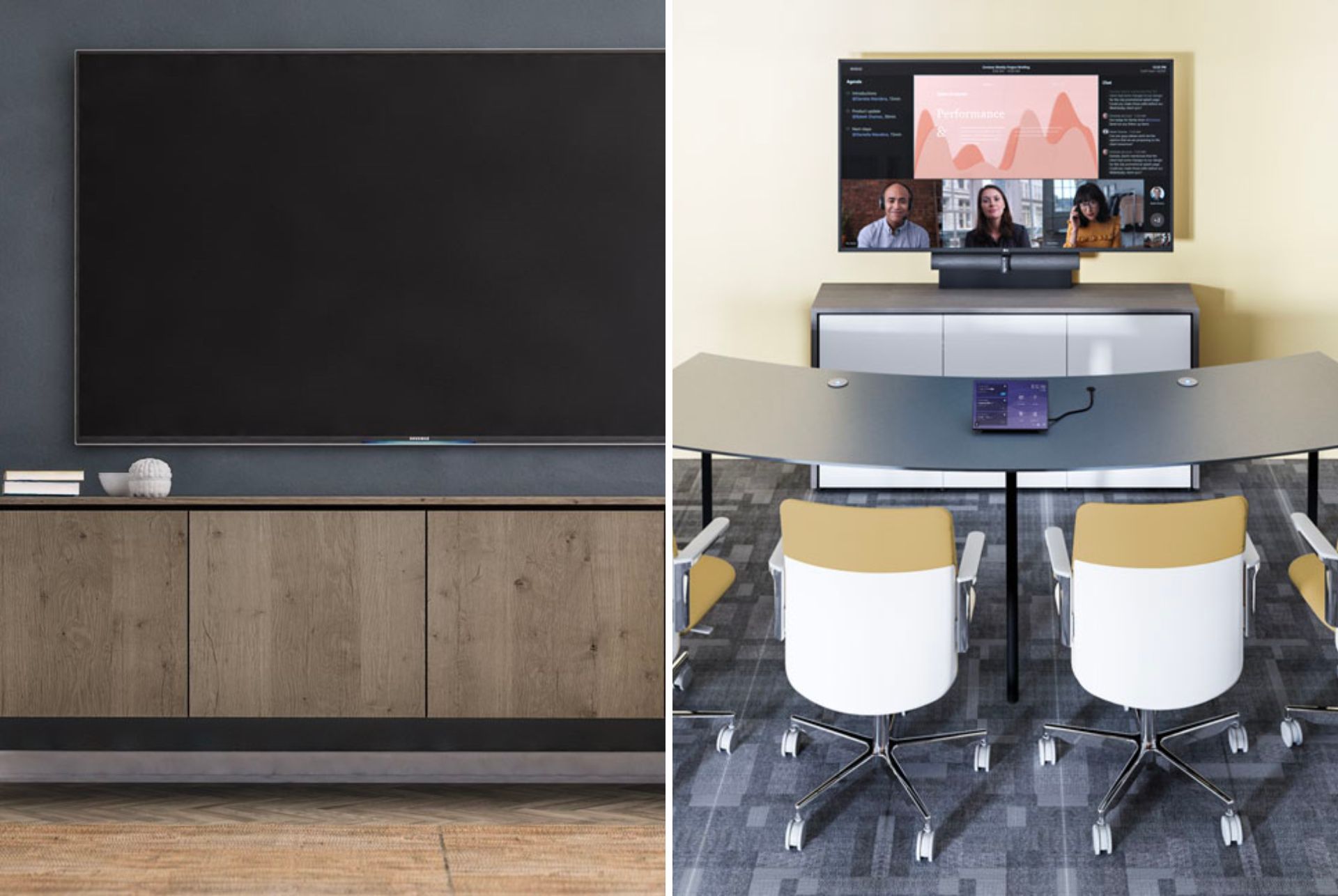 a conference room with a large flat screen tv on the wall