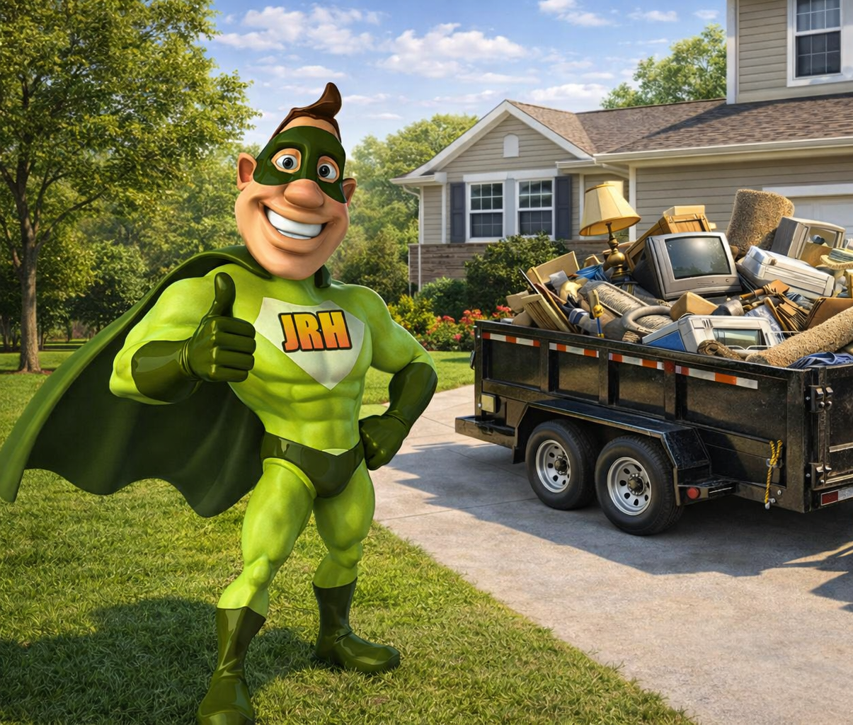 Smiling woman gives thumbs-up next to green superhero holding trash bag and pile of junk in front of a house.