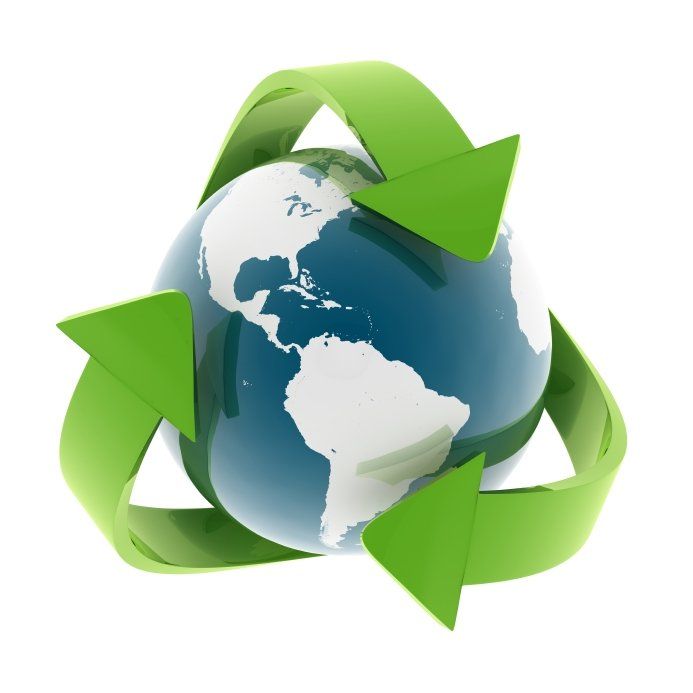 Globe with green recycling arrows wrapped around it.