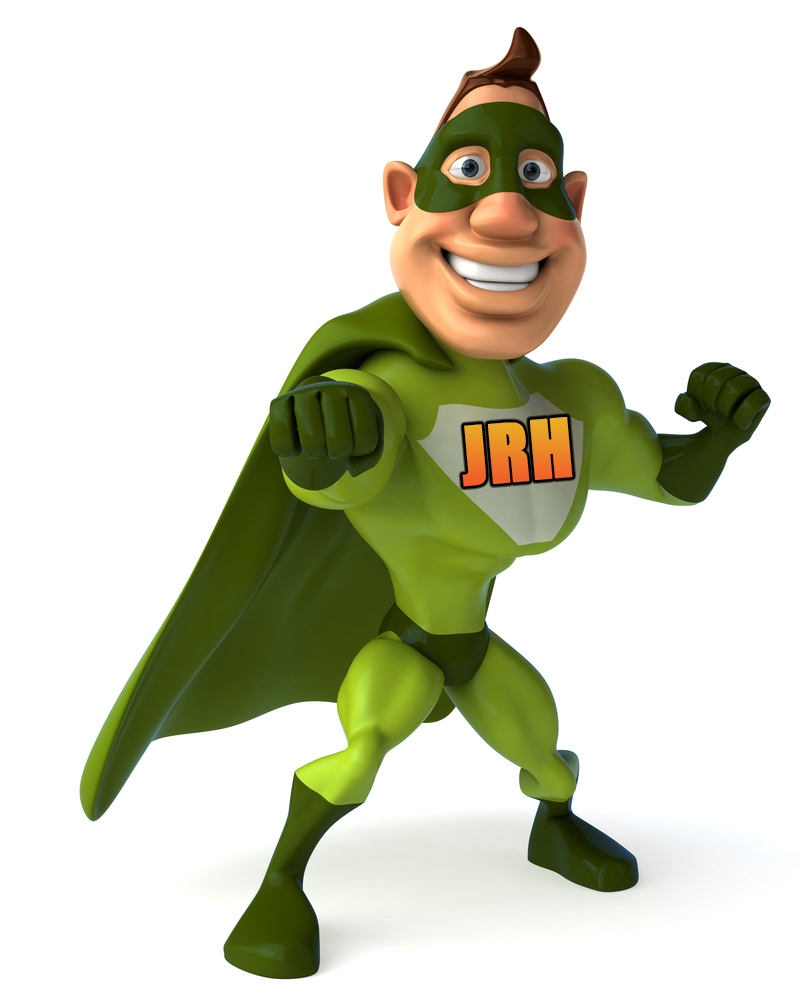 Green superhero with a cape and logo