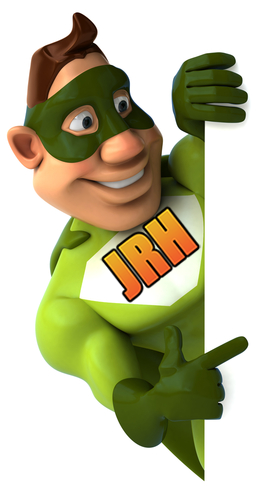 Superhero in green suit and mask, pointing; logo