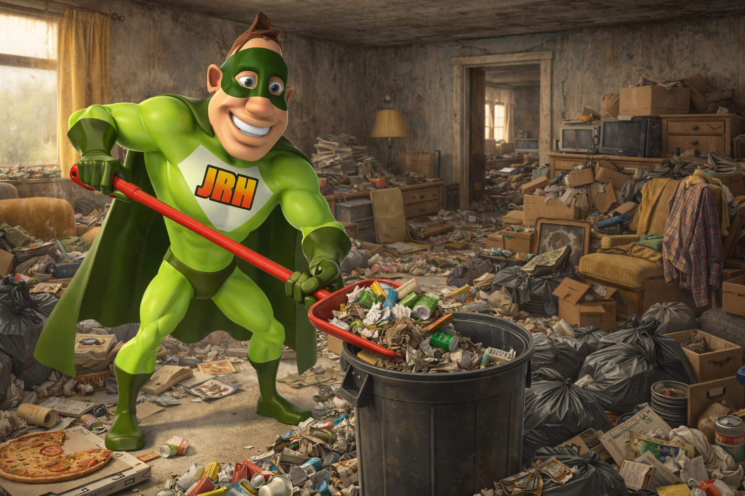 Superhero in green  shoveling trash into a bin in a cluttered room.