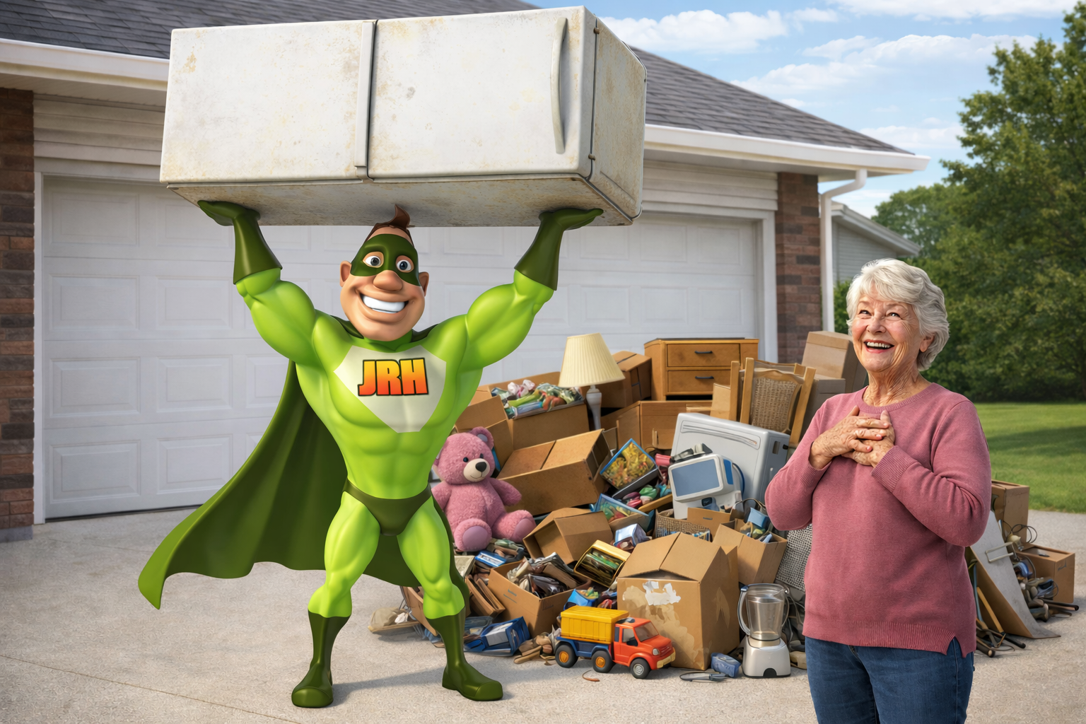 A cartoon superhero in green suit holds a black trash bag; smiling in a brightly lit house.
