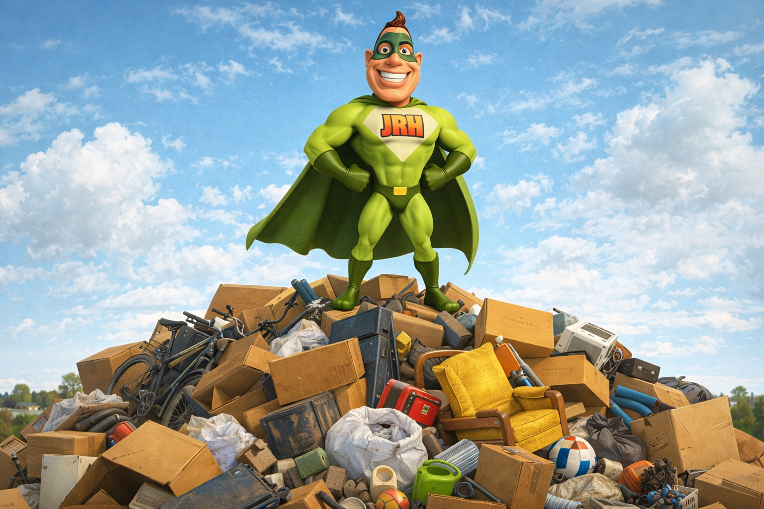 Superhero stands atop a pile of trash, wearing a green suit, cape, and mask, smiling. 