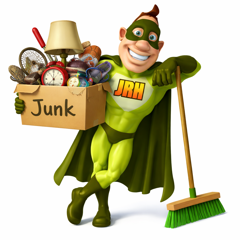 Superhero in green suit, holding trash and a worn armchair. 