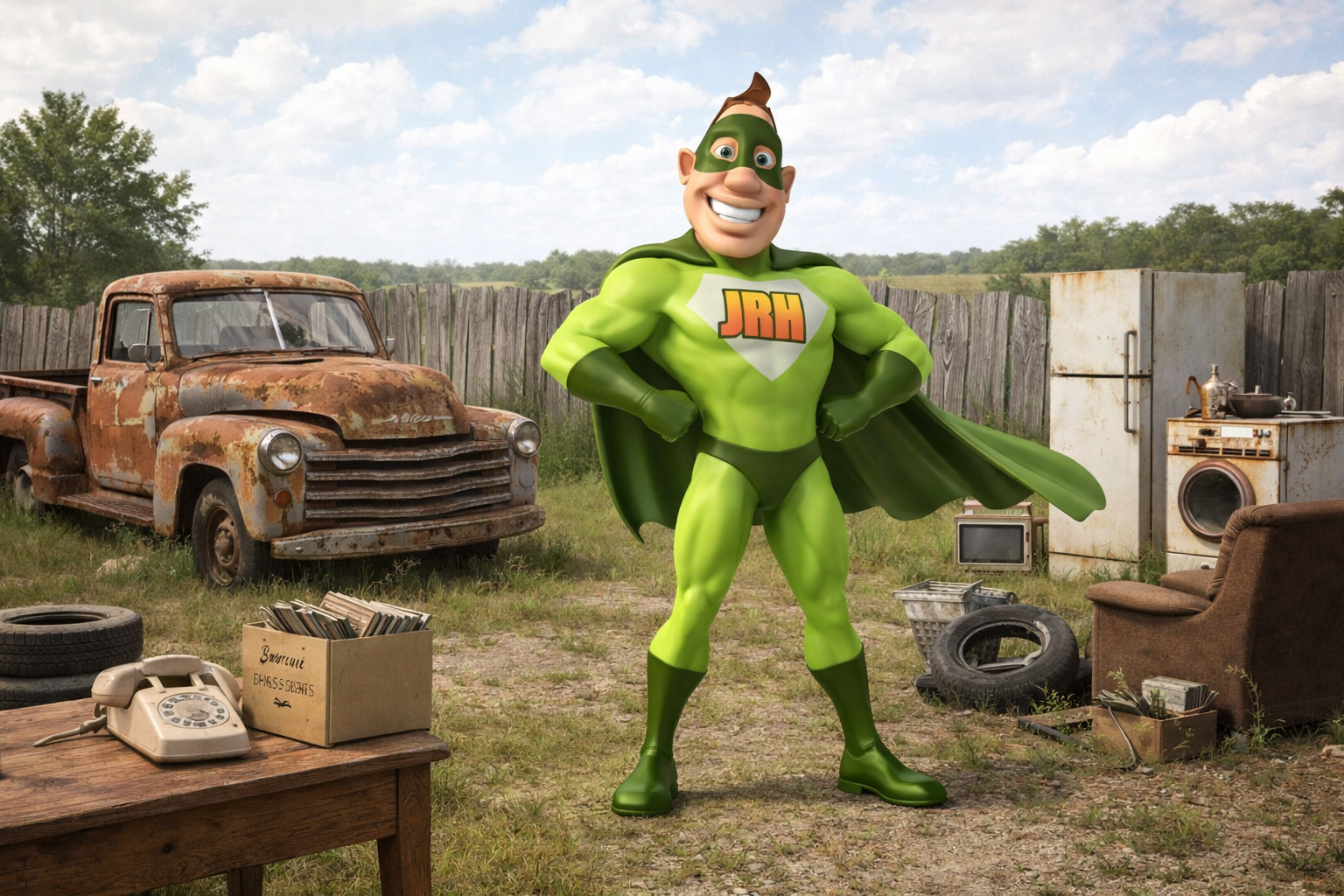 Superhero in green suit, smiling, standing in junkyard with old truck, appliances, and fence.