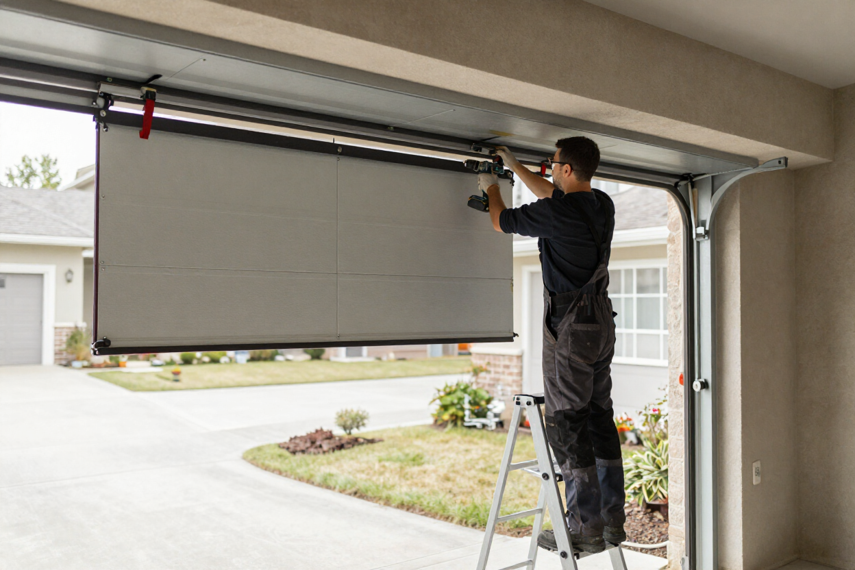 Technician installing a garage door