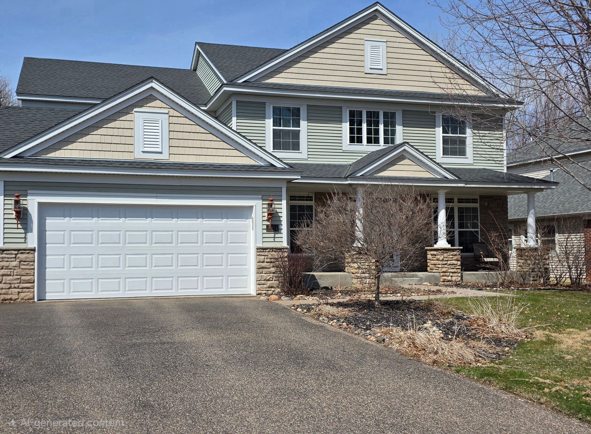 Suburban two-story house with a white garage, gray siding, and a covered front porch.