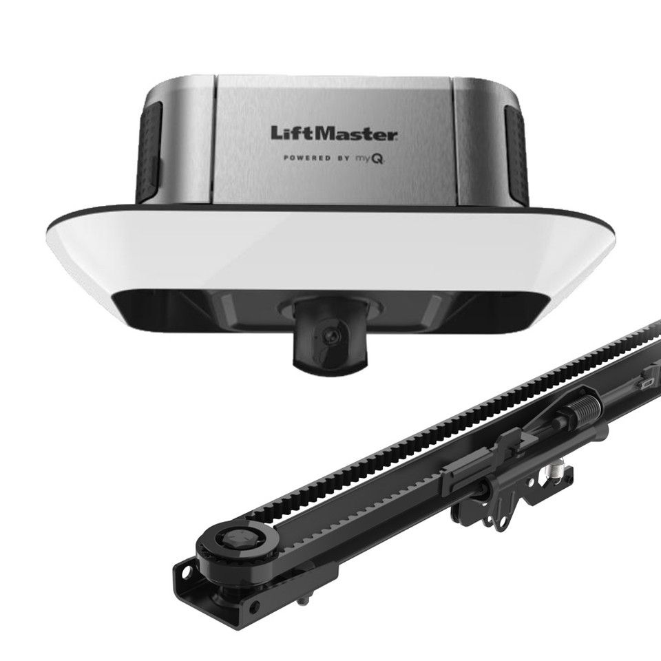 LiftMaster garage door opener with rail and motor unit, shown in silver and black. LiftMaster garage door opener with rail and motor unit, shown in silver and black.