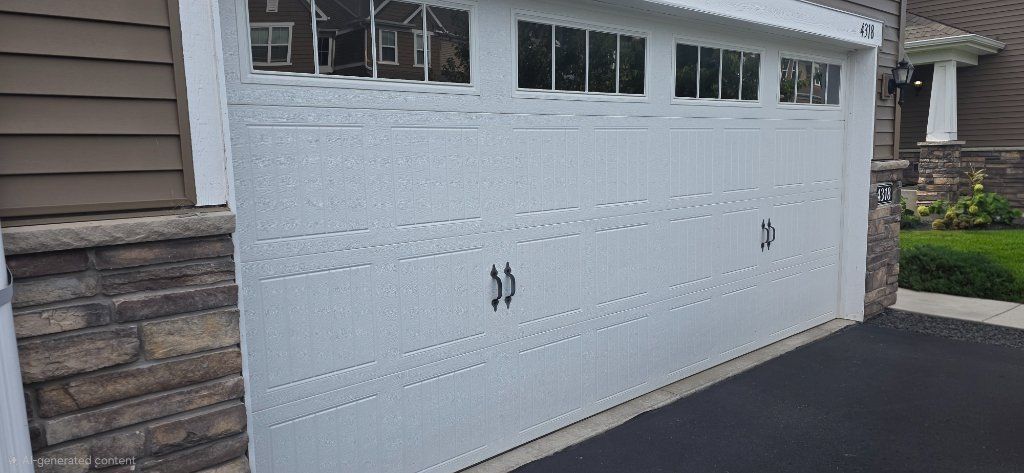 White garage door with decorative windows on a driveway beside a house