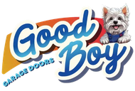 Good Boy Garage Doors logo with blue and orange text and a small dog illustration Good Boy Garage Doors logo with blue and orange text and a small dog illustration