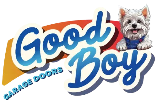 Good Boy Garage Doors logo with blue and orange text and a small dog illustration Good Boy Garage Doors logo with blue and orange text and a small dog illustration