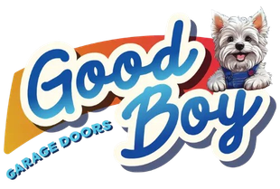 Good Boy Garage Doors logo with blue-and-white script and a small dog illustration Good Boy Garage Doors logo with blue-and-white script and a small dog illustration