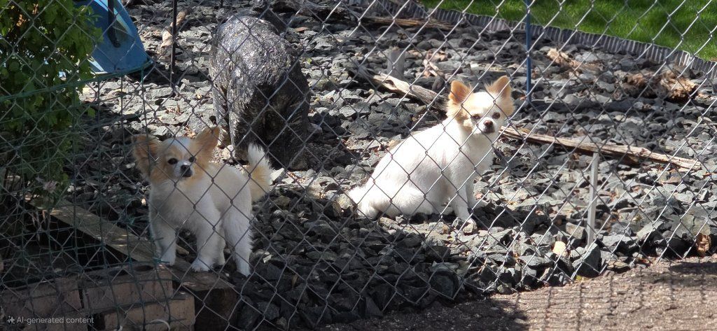 Two white dogs behind a chain-link fence, sitting on rocky ground in bright sunlight.