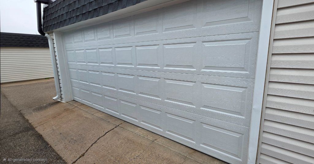 White double garage door on a house exterior beside a concrete driveway.