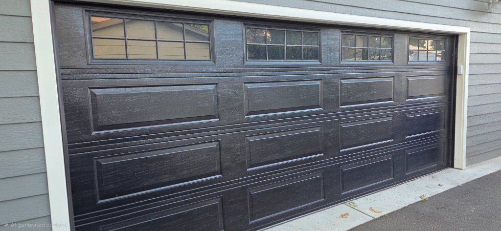 Black paneled garage door with small windows and a patterned lower section on a house exterior